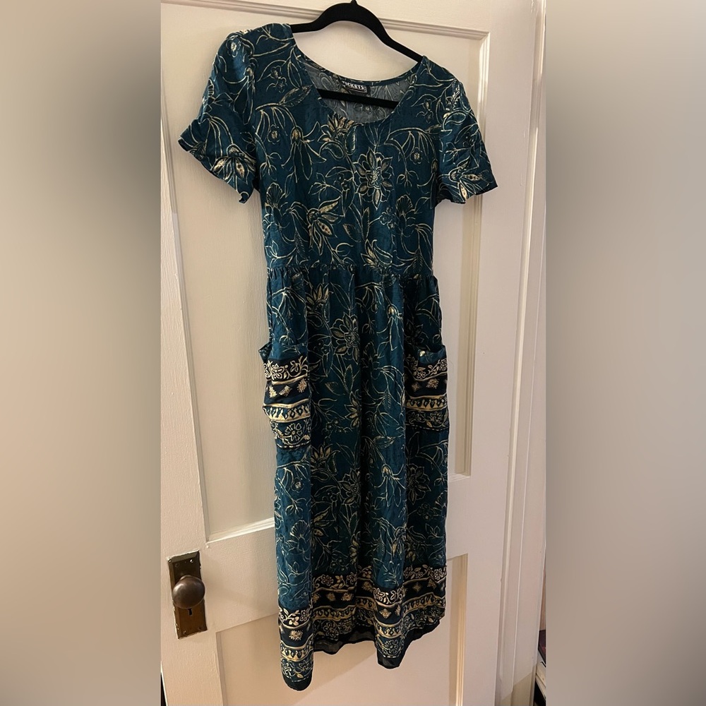 Vintage Tickets Floral Teal Dress with Pockets